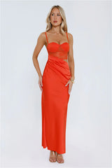 Slow Summer Nights Lace Satin Maxi Dress Tangerine