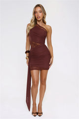 Glow Chaser Lace Mesh One Shoulder Mini Dress Brown